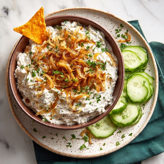 A round textured brown bowl filled with creamy white dip that has a thick texture with visible small chunks. The dip is topped with golden brown caramelized onions sprinkled with bright green chopped herbs. A single orange triangular chip is partially dipped into the creamy mixture at the front of the bowl. The bowl sits on a large white plate with small brown speckles and scattered green herbs around it. To the right side of the plate, there are thin slices of pale green cucumber with darker green edges. A dark green cloth napkin is placed under the bowl on a white marbled surface. Photo taken with an iphone --ar 4:5 --v 7