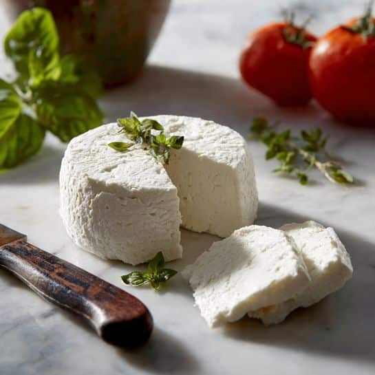 The image shows a round white block of soft cheese on a white marbled surface with a few fresh green basil leaves scattered on and around it. Part of the cheese is sliced into two thick, smooth, white pieces placed in front of the block. Nearby, there is a rustic knife with a dark wood handle lying on the surface. Two ripe red tomatoes are blurred in the background, adding a touch of bright color to the scene. The photo has natural lighting, creating soft shadows. photo taken with an iphone --ar 4:5 --v 7