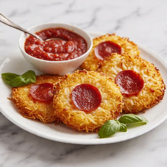 The image shows five crispy, golden-brown cheese rounds laid on a white plate with a thin, lacy texture around the edges. Each round has a single red pepperoni slice placed perfectly in the center, with a shiny, slightly oily surface. On the plate, there are three fresh green basil leaves adding a pop of color. Next to the cheese rounds is a small white bowl filled with thick, red marinara sauce, with a silver spoon inside. The whole scene is set on a white marbled surface. photo taken with an iphone --ar 4:5 --v 7