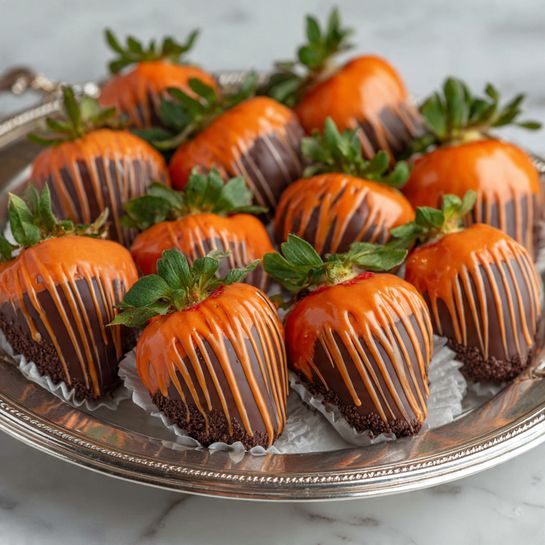 A silver tray holds a layer of dark brown, rough-textured crushed chocolate at the bottom. On top, there are 14 strawberries covered smoothly with bright orange chocolate casting a shiny surface. Each strawberry has thin vertical lines adding a pumpkin-like texture and green leafy tops visible at the upper parts. The tray sits on a white marbled surface that adds a subtle elegant background. photo taken with an iphone --ar 4:5 --v 7