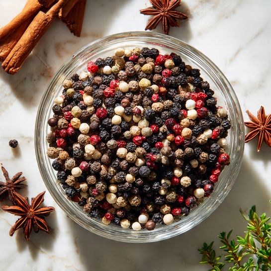 A clear glass bowl filled with a mix of black, white, red, brown, and green peppercorns, showing a rough, round texture, sits on a white marbled surface that looks like wood. Around the bowl are several star anise pods with a dark brown color and a star shape, some cinnamon sticks visible in the top left corner, and a small green herb sprig at the lower right. The natural light highlights the varied colors and textures of the spices. Photo taken with an iphone --ar 4:5 --v 7