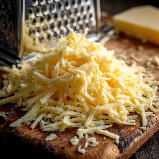 A pile of shredded pale yellow cheese with a soft, slightly moist texture lies on a wooden surface, with thin strands spread unevenly. In the background, a metal grater with a shiny, perforated side is partly visible, resting on the wooden surface. The light softly reflects on the cheese and grater, highlighting the contrast between the smooth cheese strands and the rough texture of the grater. photo taken with an iphone --ar 4:5 --v 7