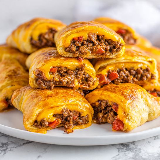The image shows a close-up of multiple crescent roll pockets arranged in rows on a white plate, placed on a white marbled surface. Each pocket has three layers: the outer layer is golden-brown, flaky dough folded over the filling. The filling layer inside is made of cooked ground meat mixed with small diced red tomatoes, showing a rich brown and red texture. The top layer is bright orange melted cheese that partially covers the meat, giving a shiny, smooth look. The food looks warm and freshly made, with cheese stretching slightly over the edges. Photo taken with an iphone --ar 4:5 --v 7