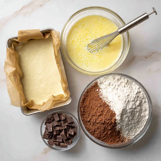The image shows a white marbled surface with four main items placed on it. On the left, there is a baking pan lined with brown parchment paper clipped at both ends. In the center on the bottom, a clear glass bowl holds small dark brown chocolate chunks. Above it, another clear glass bowl contains a light yellow batter mixture with bubbles on top, and a metal whisk rests inside. To the right, a larger clear glass bowl has dry ingredients, including white flour, white powdered sugar, and two shades of brown cocoa powders, unevenly piled in separate sections. Photo taken with an iphone --ar 4:5 --v 7
