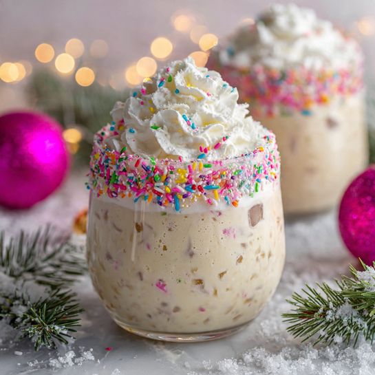 A glass filled with a creamy light beige drink that has small brown specks throughout, with some ice cubes visible inside. On top, there is a thick swirl of white whipped cream covered with colorful rainbow sprinkles. The rim of the glass is also coated with white whipped cream and decorated densely with the same rainbow sprinkles. The glass is placed on a white marbled surface, surrounded by soft white artificial snow, small fairy lights, and holiday decorations including a shiny pink bauble and green pine branches. Another similar glass with the same drink and whipped cream topping is blurred in the background. Photo taken with an iphone --ar 4:5 --v 7
