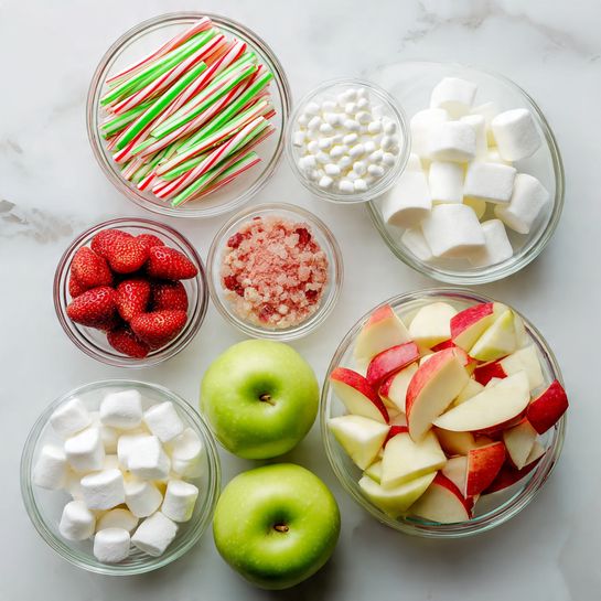 The image shows a white marbled surface holding nine clear glass bowls and three whole green apples. Starting from the top left, a bowl contains red, white, and green striped candy sticks arranged vertically. Next to it, a bowl has small white marshmallow cubes. To the right, a small bowl holds what looks like light brown crumbles with bits of red. Below the candy sticks, a bowl is filled with fine, bright red powder. Near the center is a bowl filled with halved red strawberries showing their white insides. On the far right, a larger bowl contains more white marshmallow cubes. Below the strawberry bowl, a bowl holds sliced red-skinned apple pieces with white flesh. Near the bottom left, a very small bowl holds small white candy pellets. Finally, three green apples are placed on the bottom left corner of the white marbled surface. photo taken with an iphone --ar 4:5 --v 7