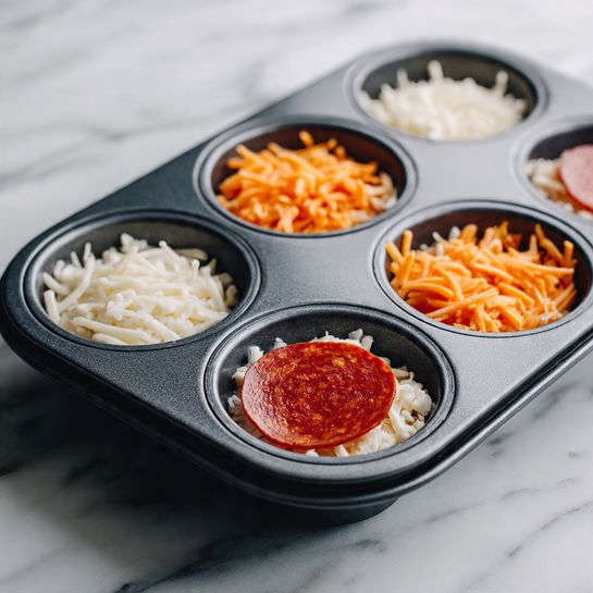 A dark gray metal muffin tray with six cups is shown on a white marbled surface. In three of the cups, there is a single, round, reddish-brown slice of pepperoni neatly placed at the bottom. One cup has a layer of thin, shredded white cheese filling it evenly. Another cup is filled with a layer of thin, shredded bright orange cheese, covering the base fully. The last cup is empty. The colors contrast nicely with the gray tray and white marbled background. photo taken with an iphone --ar 4:5 --v 7