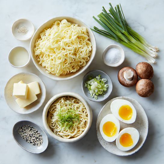 The image shows several white bowls and small plates arranged neatly on a white marbled surface. In the center, a white bowl is filled with pale yellow curly noodles. Below it, a ceramic bowl holds cooked noodles in broth, garnished with green onion pieces. To the right of the center bowl, halved soft-boiled eggs display bright yellow yolks. Next to the eggs, a small white bowl contains a light liquid, possibly broth or milk. Above this, a small gray bowl has coarse salt with green onion bits. To the upper right, a pile of fresh green onion stalks lies next to a group of whole brown mushrooms with white stems. On the top row, small white bowls contain a pale yellow cube of butter, coarse salt, black and white sesame seeds, a small white bowl with fine salt, and a round white mushroom on a small dish. The clean, simple setup focuses on the fresh, natural colors and textures of the ingredients, all placed on a softly light-gray marbled background photo taken with an iphone --ar 4:5 --v 7