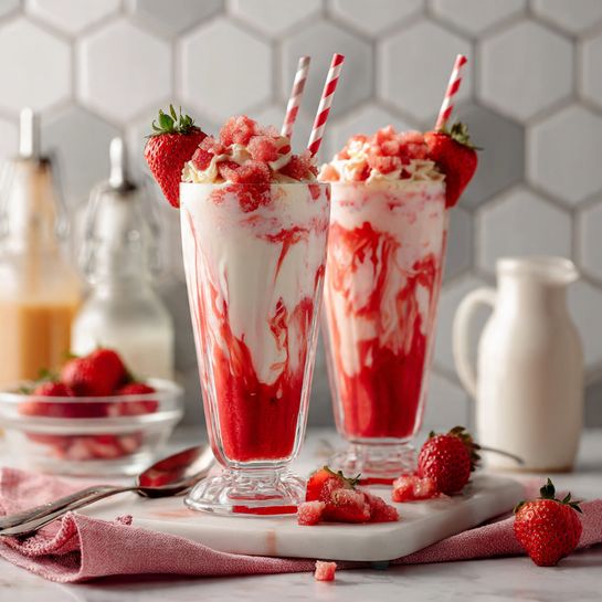 The image shows two tall clear glasses filled with a layered strawberry and cream drink. Each glass has three main layers: a thick red strawberry layer at the bottom, a middle creamy white layer swirled with red streaks of strawberry, and a top layer with pieces of chopped strawberries and cream mixed. A red and white striped paper straw is placed in each glass, and a whole strawberry is perched on the rim as decoration. The glasses sit on a white marbled surface with whole and chopped strawberries scattered around, along with a pink cloth in the foreground. Behind, there is a clear glass bowl with a spoon, some glass bottles, and a white creamer jug, all against a light, hexagon-patterned background. Photo taken with an iphone --ar 4:5 --v 7