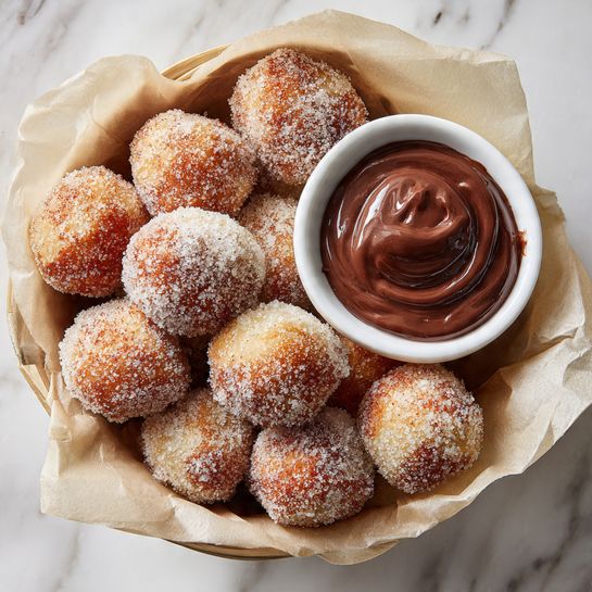 A basket lined with parchment paper holds many small, golden brown doughnut balls covered in a fine layer of white sugar. Next to them inside the basket is a small white bowl filled with smooth, shiny chocolate sauce that has a rich brown color. The doughnut balls have a slightly rough, sugary texture and are piled in layers, filling the basket evenly around the dipping sauce. The background is a white marbled texture. photo taken with an iphone --ar 4:5 --v 7