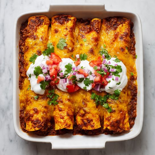 A white rectangular baking dish holds four rolled enchiladas neatly placed side by side, each covered with a thick layer of melted orange-yellow cheese with darker browned spots. The enchiladas are filled with a rich dark brown meat sauce visible at the edges. On top, three dollops of white sour cream are arranged down the center, garnished with small pieces of red tomato, chopped purple onion, and bright green cilantro leaves scattered over the cheese and sour cream. The dish sits on a white marbled surface. photo taken with an iphone --ar 4:5 --v 7