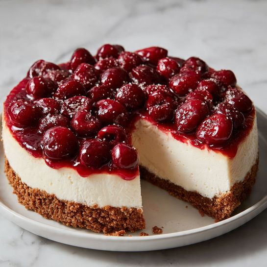 The image shows a round cheesecake with three visible layers. The bottom layer is a crumbly brown crust with a textured surface. The middle layer is thick and creamy white cheesecake, smooth and dense. The top layer is a glossy, deep red cherry topping with whole cherries covered in fine white sugar. A wedge is removed, showing the clean cut and inner layers. It sits on a white plate on a white marbled surface. The overall lighting is soft, highlighting the textures and colors delicately. Photo taken with an iphone --ar 4:5 --v 7