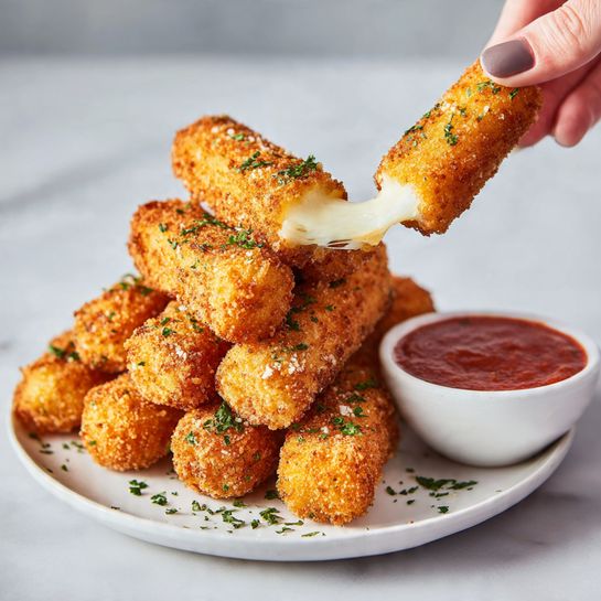 The image shows a white plate on a white marbled surface filled with golden brown fried mozzarella sticks stacked in a small pile. The mozzarella sticks have a crispy, crunchy texture with specks of green herbs sprinkled on top. One mozzarella stick is being pulled up by a woman's hand, stretching melted white cheese in the air. To the right of the mozzarella sticks, there is a small white bowl filled with smooth, thick, dark red marinara sauce. The lighting highlights the crispiness and melted cheese details clearly. Photo taken with an iphone --ar 4:5 --v 7