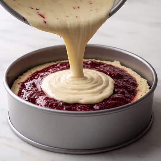 A close-up image shows two layers inside a round metal baking pan on a white marbled surface. The bottom layer is a thick, dark red berry mixture spread evenly, with some darker spots showing texture. The top layer is a smooth, creamy batter in a light beige color being poured from above, creating soft swirls as it covers the berry layer. The batter has a thick, fluffy texture and some tiny red specks from the berries. The focus is on the pour and swirl action inside the pan. photo taken with an iphone --ar 4:5 --v 7