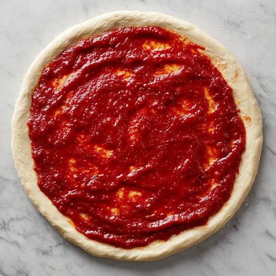 A fresh pizza dough with a thick, soft texture forms the bottom layer, round and evenly spread on a white marbled surface. On top, there is a smooth, glossy layer of rich red tomato sauce that covers the dough fully, with a slightly wrinkled texture showing some shine and depth. The sauce is thin and evenly spread, leaving a small border of dough visible around the edge. photo taken with an iphone --ar 4:5 --v 7