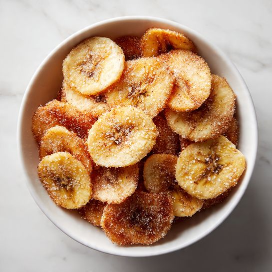 A black bowl lined with white paper is filled with many round, thin slices of fried plantain chips. Each chip has a crispy, golden-yellow color with darker brown spots and is coated evenly with a sprinkle of white sugar. The chips are stacked in layers, making a full and inviting pile. The bowl is placed on a white marbled surface. photo taken with an iphone --ar 4:5 --v 7