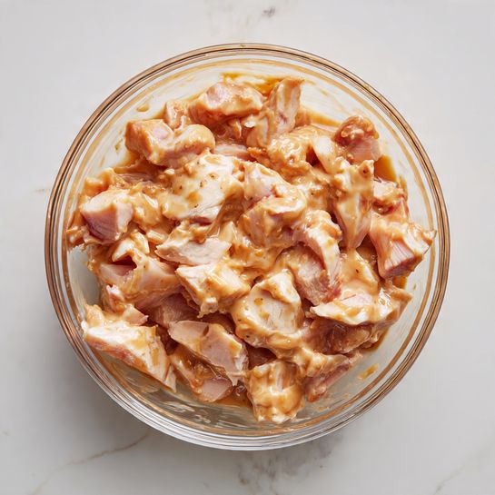 A clear glass bowl filled with pieces of raw pink chicken covered completely in a thick light brown marinade with a creamy texture, sitting on a white marbled surface, no other objects visible photo taken with an iphone --ar 4:5 --v 7