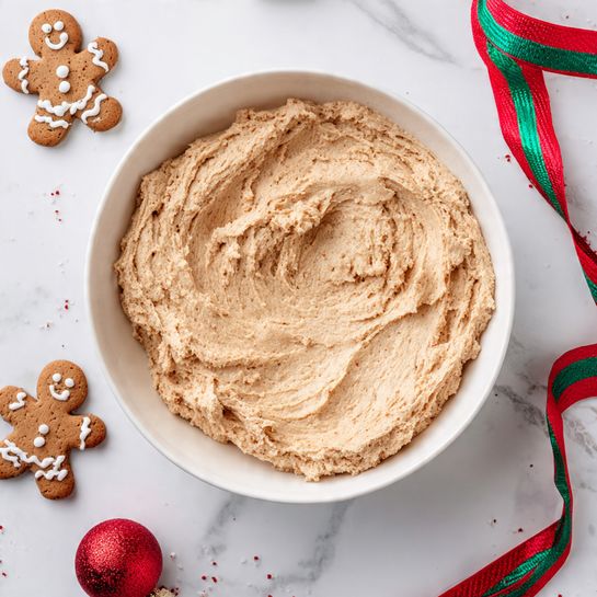 A top view of a round white ceramic bowl filled with a thick layer of light brown dough or batter with a rough, textured surface, unevenly spread inside the bowl. The bowl is placed on a white marbled texture background adorned with Christmas-themed decorations including a red and green striped ribbon on the left and top right, two gingerbread men cookies with white icing, one near the top left corner and the other near the bottom right corner, and a small red shiny ornament near the bottom center. photo taken with an iphone --ar 4:5 --v 7