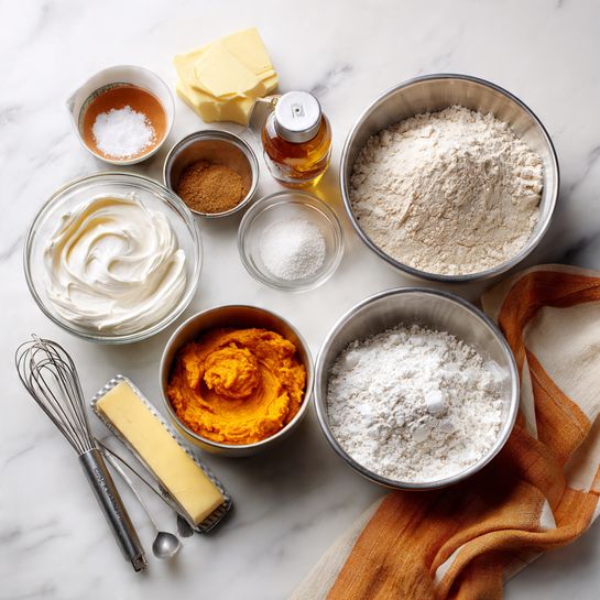 The image shows a white marbled surface with several bowls and ingredients arranged neatly. There are two medium-sized silver bowls, one on the right filled with white flour and the other on the left with light brown sugar. Below them is a small silver bowl filled with bright orange pumpkin puree. To the left, a clear glass bowl holds smooth white frosting. Behind the bowls, there is an egg, an open can with leftover orange pumpkin puree, a small bottle of vanilla extract, a glass bowl with white sugar, and a small glass bowl with brown spices. A set of silver measuring spoons, a stick of butter, a yellow and white whisk, and an orange-striped cloth are also visible around the bowls. The arrangement is clean and ready for baking, photo taken with an iphone --ar 4:5 --v 7