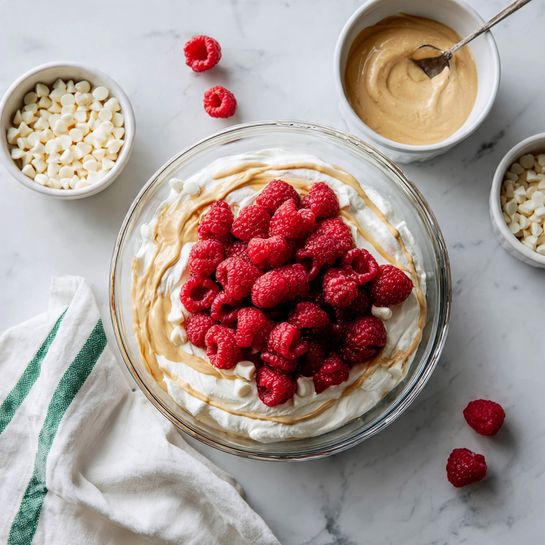 A clear glass bowl sits on a white marbled surface, holding three layers: a thick white whipped cream base surrounds a creamy beige drizzle in the center, topped with a large pile of bright red raspberries spread unevenly. Nearby are a few loose raspberries on the marbled surface, a small white bowl filled with small white chocolate chips, and another white bowl holding a beige creamy mixture with a spoon resting inside. A white cloth with green stripes is placed to the side. photo taken with an iphone --ar 4:5 --v 7
