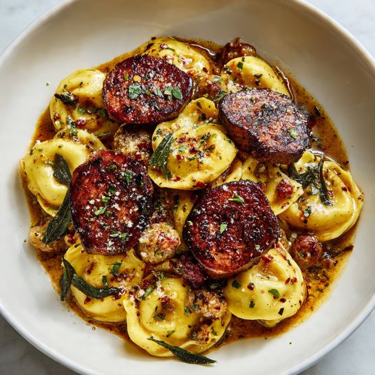 A white plate holds a layered dish with a base of yellow tortellini pasta mixed with small chunks of ground meat and herbs, all coated in a creamy brown sauce with visible black pepper and red pepper flakes. On top of the pasta sit several pieces of seared dark brown meat, showing a crispy, charred texture with a light drizzle of the creamy sauce and a sprinkle of green chopped herbs. The whole dish has a rich, glossy appearance. Photo taken with an iphone --ar 4:5 --v 7