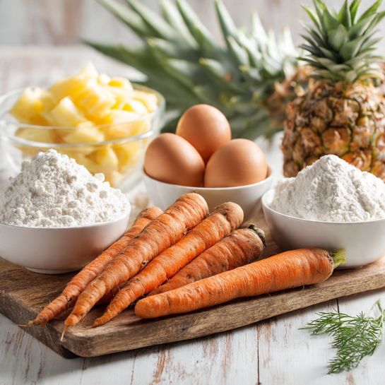 The image shows a wooden board with seven orange carrots in the front, some with rough textures and green tops slightly cut off. Behind the carrots, there is a white bowl filled with powdery white flour on the right and another bowl of similar color with white flour on the left. Two small bowls each hold two brown eggs, placed behind the flour bowls. In the background, a clear glass bowl is filled with yellow pineapple chunks, and next to it stands a whole pineapple with a rough brown skin and spiky green leaves. All items are on a white marbled surface with soft natural light coming from the left side. Photo taken with an iphone --ar 4:5 --v 7