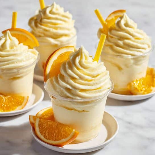 The image shows four clear cups filled with creamy pale yellow soft serve swirled in two main layers: a smooth, thick base layer and a whipped, swirled top layer piled high above the rim. Each cup is topped with bright orange slices and a yellow straw standing upright in the soft serve. The cups sit on white plates, which are decorated with additional orange wedges around the edges. The background is a soft white marbled surface, slightly out of focus to highlight the front cup, which is centered in the image. photo taken with an iphone --ar 4:5 --v 7