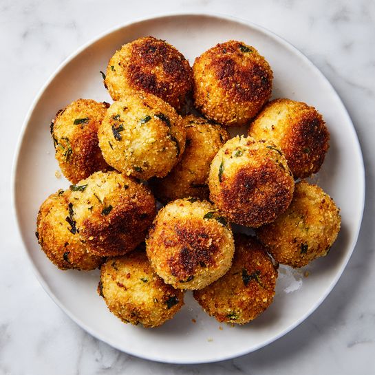 A round black plate holds about two dozen golden-brown meatballs closely stacked together. Each meatball shows a slightly uneven surface with small bits of green herbs and yellow corn visible throughout, giving a textured look. Some have small, darker browned spots from cooking, adding contrast to their crispy and lightly shiny exterior. The background has been changed to a white marbled texture, highlighting the warm colors of the meatballs. photo taken with an iphone --ar 4:5 --v 7