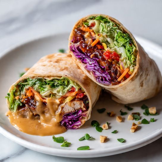 A close-up view of two halves of a wrap placed on a white plate with a few small green leaves and chopped nuts scattered around. The wrap has a soft, light brown tortilla layer on the outside. Inside, there are several layers visible: a top layer of shredded green lettuce mixed with thin strips of orange carrot and small pieces of red pepper, a middle layer of grilled, browned chicken chunks, and a bottom layer of bright purple cabbage. A creamy, light brown sauce is spread generously inside the wrap, oozing out slightly and mixing with the colorful vegetables. The plate rests on a white marbled surface. Photo taken with an iphone --ar 4:5 --v 7