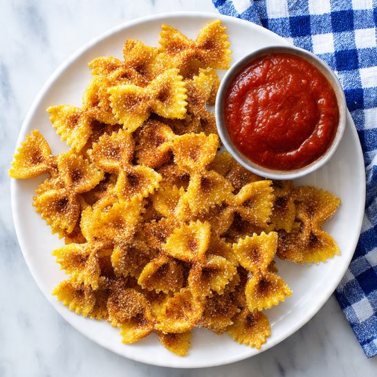 A white plate is full of crispy golden brown bowtie-shaped pasta pieces that have been fried to a crunchy texture. The pasta shows darker brown edges and lighter golden centers, giving a nice contrast. On the top right side of the plate, there is a small round bowl filled with thick red marinara sauce, which looks smooth with slight texture. The plate sits on a white marbled surface, and a blue and white checkered cloth is partially visible in the top part of the image. photo taken with an iphone --ar 4:5 --v 7