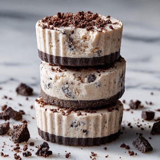 The image shows a stack of three creamy, cookies and cream ice cream sandwiches on a white marbled surface. Each sandwich has a thick light beige ice cream layer with small dark cookie pieces mixed inside, molded into a cupcake shape with ridged sides. Between each ice cream layer is a thin, smooth, dark chocolate cookie with a matte texture. The top ice cream layer is sprinkled with crushed dark cookie crumbs that add a rough texture and contrast. Around the stack are scattered crumbs of dark cookie pieces, enhancing the visual appeal. The photo taken with an iphone --ar 4:5 --v 7