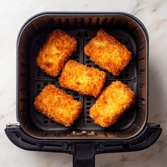 The image shows four pieces of breaded food with a rough, crumbly orange and light brown coating. They are arranged in a square inside a black air fryer basket. The basket has vertical ridges along its sides and a flat bottom with a grid-like pattern in the center. The background is a white marbled surface visible around the air fryer. Photo taken with an iphone --ar 4:5 --v 7