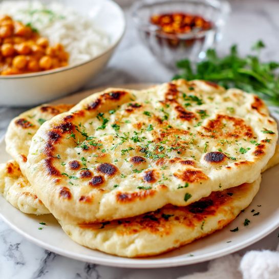 A close-up view of a stack of two golden, soft naan breads on a white plate, each piece showing browned spots from cooking and sprinkled with small bright green chopped herbs. The naan breads have a slightly puffy texture with some irregular air pockets. In the blurred background, there is a white plate holding rice with an orange chickpea curry on top, and also part of a clear bowl with red chili flakes. The setting is on a white marbled surface with fresh green herbs blurred in the back right corner. Photo taken with an iphone --ar 4:5 --v 7