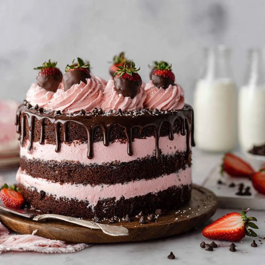 A three-layer dark chocolate cake with light pink frosting between each layer sits on a wooden board. The sides and top of the cake are covered in the same pink frosting, with dark chocolate dripping down the edges. On top, there are whole strawberries coated in dark chocolate, along with dollops of pink frosting and small chocolate chips scattered around. In the foreground, there are some sliced strawberries and whole strawberries placed casually, with a silver cake server lying next to the cake. Two glasses of milk are slightly blurred in the background on a white marbled surface. The photo is taken with an iphone --ar 4:5 --v 7