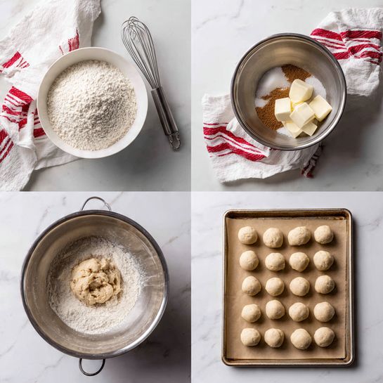 The image is divided into four parts, each showing steps for making cookie dough balls. The first part shows a white bowl filled with a pile of white flour, with a metal whisk next to it on a white marbled surface and a white cloth with red stripes partially in frame. The second part shows a silver mixing bowl containing butter, white sugar, and brown sugar placed on the same white marbled surface with the striped cloth nearby. The third part shows the same silver mixing bowl with the flour added, sticky dough forming, with some flour visible on the sides of the bowl on the white marbled surface. The last part shows a metal baking sheet lined with brown parchment paper, holding fifteen small round balls of pale dough arranged in neat rows on the white marbled surface. Photo taken with an iphone --ar 4:5 --v 7
