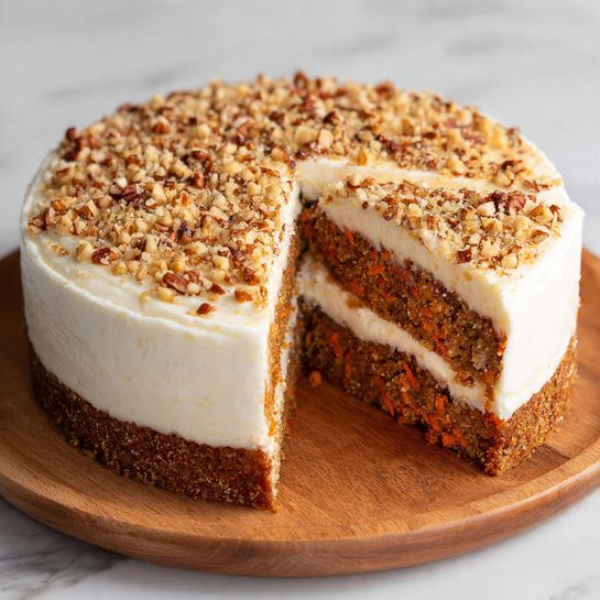 The image shows a round layered cake placed on a white plate on a white marbled surface. The cake has four main layers: the bottom layer is a dense, light brown cake base, above it is a smooth pale orange layer, followed by a thick, creamy white layer, and finishing with a light off-white frosting layer on top. The top is covered with chopped nuts and whole pecans scattered evenly, adding a rough texture contrasted with the smooth frosting. The cake has a large slice removed, revealing the distinct layers inside. Photo taken with an iphone --ar 4:5 --v 7