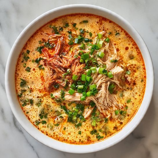 A white bowl filled with a creamy orange soup as the base layer, smooth with small bubbles on the surface. On the left side near the edge, there is a pile of bright red shredded chicken, while on the right side, light beige shredded chicken pieces are topped with a mix of finely chopped green herbs and green onion slices scattered over the soup. The bowl is placed on a white marbled surface. photo taken with an iphone --ar 4:5 --v 7