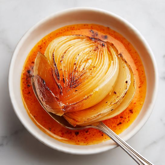 A close-up top view of a single cooked onion with soft, translucent layers tinted light golden brown, sitting in a shallow pool of bright orange oily sauce with visible spices scattered around. The onion layers show a glossy, juicy texture, with some parts slightly charred and dark brown. A silver fork lifts a few curved onion layers, brushing through the sauce. The dish is served in a simple white bowl placed on a white marbled surface. photo taken with an iphone --ar 4:5 --v 7