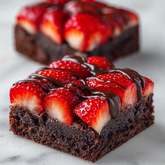A close-up image shows two square-shaped dark brown brownies placed on a white marbled surface. Each brownie has a thick base layer of rich, moist brownie. On top, there is one thick layer of bright red, sliced strawberries arranged closely covering the surface. The strawberries have a glossy, fresh texture. Dark brown chocolate drizzle is lightly spread in thin lines over the strawberries and the edges of the brownie, adding shine and contrast. The image has a soft focus on the background brownie and sharp focus on the front one. Photo taken with an iphone --ar 4:5 --v 7