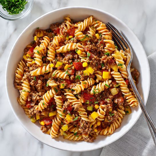 A white bowl filled with a mix of spiral pasta, ground meat, and diced vegetables in a red sauce. The pasta is a light golden color with a firm texture, mixed evenly with small brown pieces of meat. There are small chunks of yellow and red vegetables scattered throughout, all coated with a slightly shiny red sauce. Green herbs are sprinkled on top for a fresh look. A fork rests on the edge of the bowl. The background shows a white marbled surface. Photo taken with an iphone --ar 4:5 --v 7