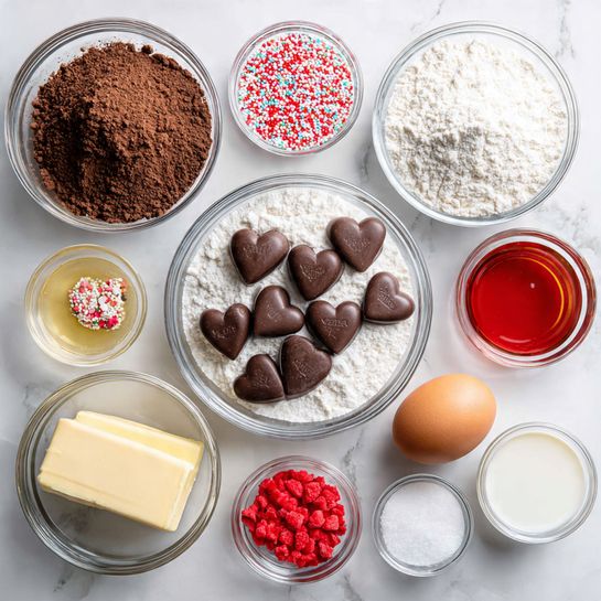 The image shows a top-down view of several clear glass bowls arranged neatly on a white marbled surface, each bowl containing an individual baking ingredient. In the center is a large bowl of milk chocolate pieces shaped like hearts. Above it is a larger bowl filled with white flour, while below it is another large bowl filled with white granulated sugar. To the left of the chocolate, there is a bowl with cocoa powder, and above it, a small bowl with tiny multi-colored red and white sprinkles. To the right of the chocolate, a raw brown egg is placed next to a small bowl of red liquid, and a stick of butter sits below those. Below the butter is a small bowl filled with vanilla extract, and next to it a small bowl with milk. On the far left are small bowls with baking soda and salt. On the far right in a small bowl is bright red sugar. Everything is spread out evenly, highlighting each ingredient clearly. Photo taken with an iphone --ar 4:5 --v 7