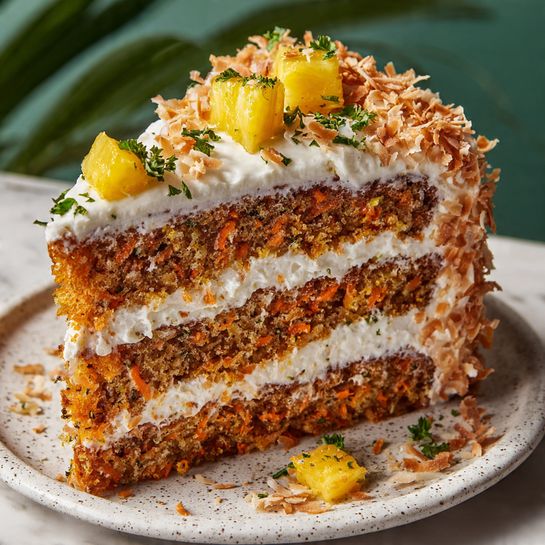 A three-layer carrot cake slice is shown on a white plate. Each cake layer is a moist mix of orange carrot bits and brown nuts, separated by smooth white cream cheese frosting. The outside of the cake is fully coated in more creamy white frosting and covered with toasted shredded coconut, giving a textured look. On top, small chunks of yellow pineapple and green herb leaves decorate the cake, adding bright colors. The background shows a soft green blur, and the surface under the plate is a white marbled texture. Photo taken with an iphone --ar 4:5 --v 7