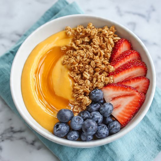 A white bowl is filled with three layers: the bottom layer is smooth, orange puree that covers the entire base; on top of that, a white creamy yogurt layer is swirled to one side. Along the upper edge of the bowl, there is a row of thin, red strawberry slices with a shiny texture. Scattered between the strawberries and yogurt are small clusters of crunchy brown granola and two plump blue blueberries sitting near the center. The bowl is placed on a white marbled surface with soft natural light coming from the side. Photo taken with an iphone --ar 4:5 --v 7