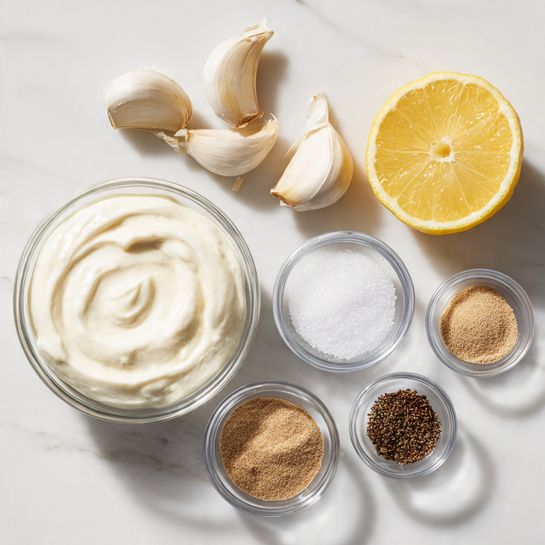A white marbled surface holds six arranged ingredients: at the bottom left, a clear glass bowl filled with a thick, creamy white sauce with a smooth texture; above it, three garlic cloves with a pale, off-white color and papery texture are placed in a small curve; to the right of the cloves, a small clear glass bowl with coarse white salt sits; next to the salt, a bright yellow half lemon is placed with its juicy, shiny side facing up; below the lemon, two more small clear glass bowls hold powders — the left one with light tan garlic powder, and the right one with dark brown ground pepper. The scene is bright and clean, with soft natural light highlighting the rough textures and fresh colors. photo taken with an iphone --ar 4:5 --v 7