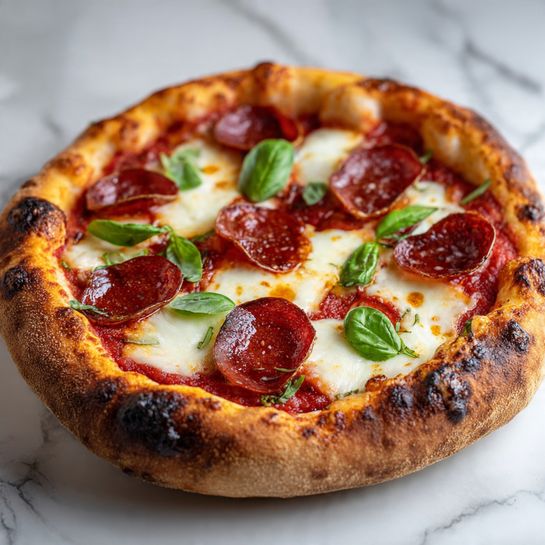 The image shows a close-up of a pepperoni pizza with a thick, golden-brown crust that has some charred spots around the edges. The pizza has three visible layers: a base of red tomato sauce spread close to the crust, a thick layer of melted white mozzarella cheese with some bubbly and slightly browned spots, and a top layer of round, glossy pepperoni slices with some curled edges. Scattered green basil leaves add a fresh touch on top of the pepperoni. The pizza sits on a white marbled surface. photo taken with an iphone --ar 4:5 --v 7