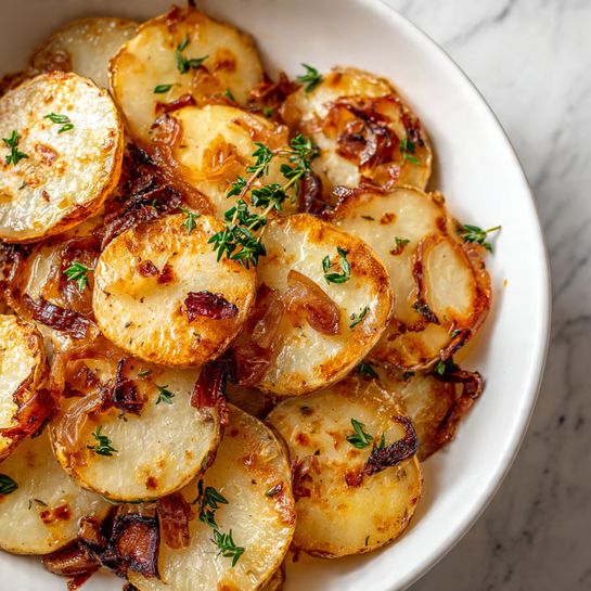 The image shows a white bowl filled with several layers of roasted potato slices. The potatoes have a light golden color with some darker brown crispy edges. Thin pieces of caramelized onion are scattered on top, along with green sprigs of thyme, adding a fresh contrast to the warm tones. The surface under the bowl is a white marbled texture. The lighting highlights the shiny, slightly oily texture of the potatoes and onions, making them look tender and flavorful photo taken with an iphone --ar 4:5 --v 7