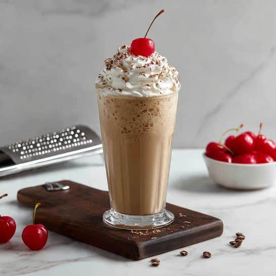 A tall clear glass filled with a smooth light brown milkshake showing a slightly thick texture, topped with a large swirl of white whipped cream dusted with fine cocoa powder, and finished with a shiny bright red cherry with a long stem sitting on top; the glass is placed on a dark wooden board resting on a white marbled surface, with a white bowl of red cherries and a tall clear blender container in the blurred background, along with a white piping bag nearby, photo taken with an iphone --ar 4:5 --v 7