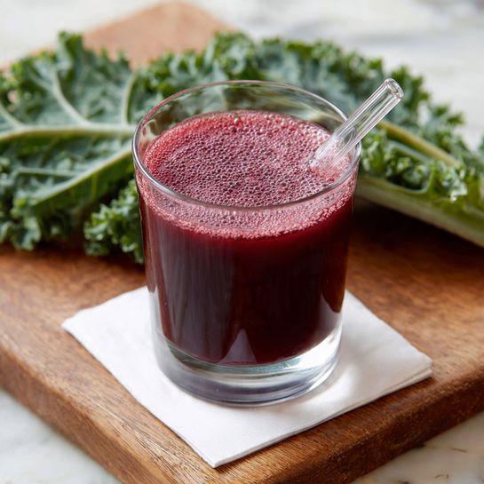 A clear glass filled with a rich dark red juice sits centered on a white napkin, placed on a wooden board. The juice has a smooth, slightly frothy surface. Around the glass, there are green leafy vegetables visible in the background, adding fresh vibrant tones. The right picture shows the juice from above, with a clear straw placed at the edge of the glass. The wooden board acts as the base in both views, and the scene is set on a white marbled surface. photo taken with an iphone --ar 4:5 --v 7