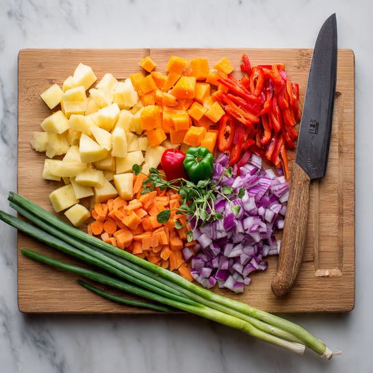 A wooden cutting board holds a colorful mix of chopped vegetables neatly arranged in groups: pale yellow potato cubes on the left, bright orange carrot slices and chunks near the center, finely chopped purple onion pieces above the carrots, and thin red bell pepper strips on the upper right. Two long green stalks of spring onions lie diagonally across the right side, resting partially on a large kitchen knife with a wooden handle. At the very center of the board, a small green pepper sits on top of a red pepper, with a few sprigs of green herbs above. The board itself is placed on a white marbled surface. Photo taken with an iphone --ar 4:5 --v 7