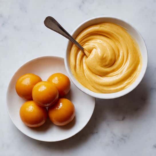 A white bowl filled with smooth, thick, creamy orange sauce swirled with a spoon inside, showing glossy texture and soft peaks around the edges. Next to it, a small white plate holds four round, shiny orange balls with smooth surfaces, arranged closely together. Both are placed on a white marbled surface. photo taken with an iphone --ar 4:5 --v 7